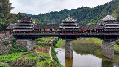 柳州三江程阳八寨景区程阳风雨桥航拍图