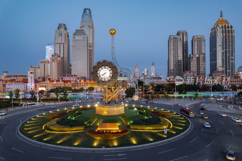 天津世纪钟广场海河城市风光夜景航拍