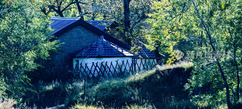 林间小屋与栅栏景致