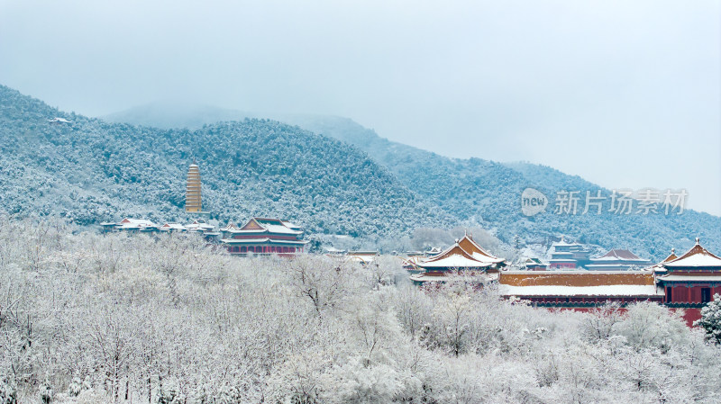 冬天雪后山脚寺庙宗教洛阳旅游灵山寺建筑树