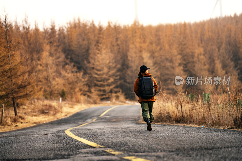 年轻女子户外徒步旅行的背影