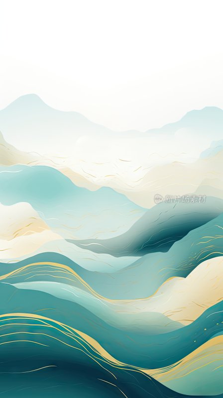 新中式山水画，绿金色渐变抽象背景