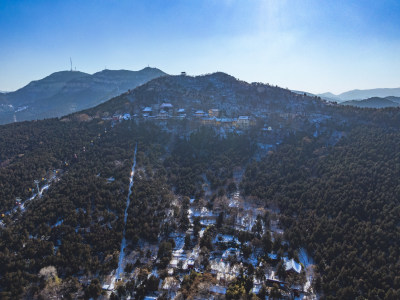 山东济南千佛山航拍雪景