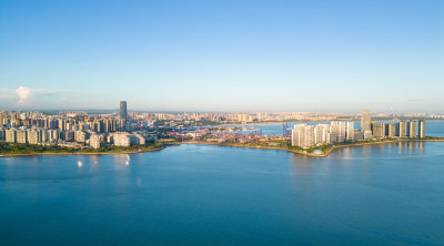 海南海口世纪大桥朝霞城市日出高视角航拍