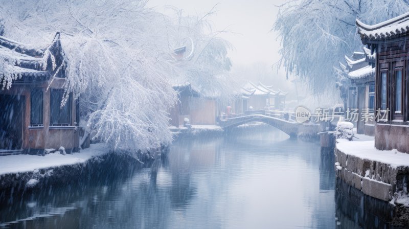 江南雪景，冬季里的江南小镇水墨画