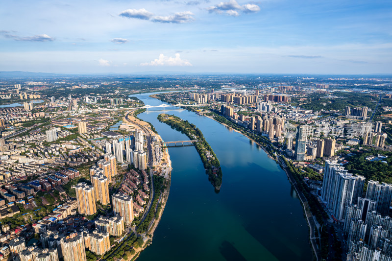 湖南衡阳湘江东洲岛夏日城市风光航拍