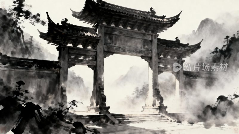 水墨风格中式牌坊景观