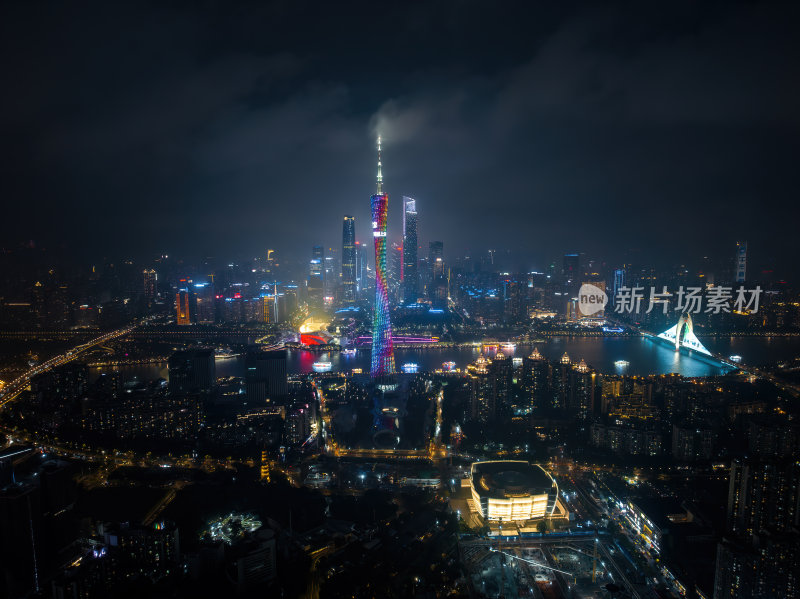 广东广州塔CBD三件套蓝调夜景高空航拍