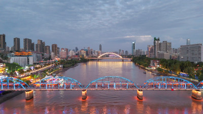 甘肃兰州中山桥夜景航拍