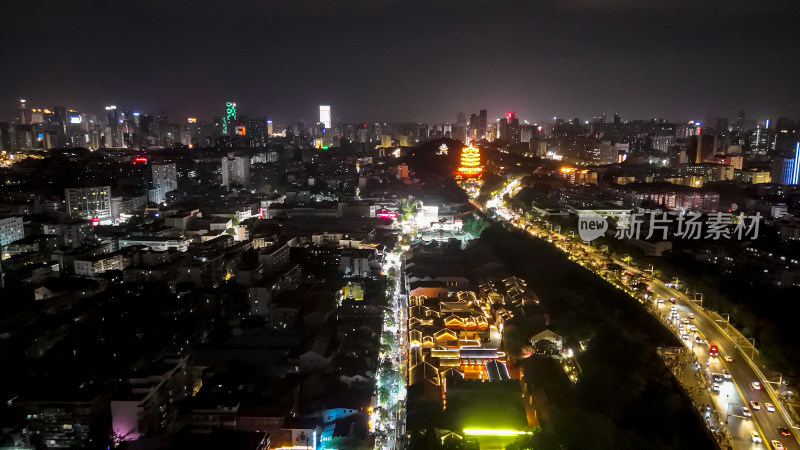 湖北武汉户部巷黄鹤楼夜景航拍图