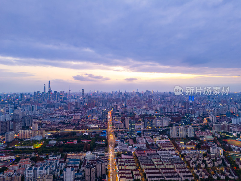 航拍上海杨浦五角场金融区夜景