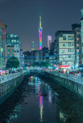 广州海珠大塘城中村望广州塔城市高楼夜景