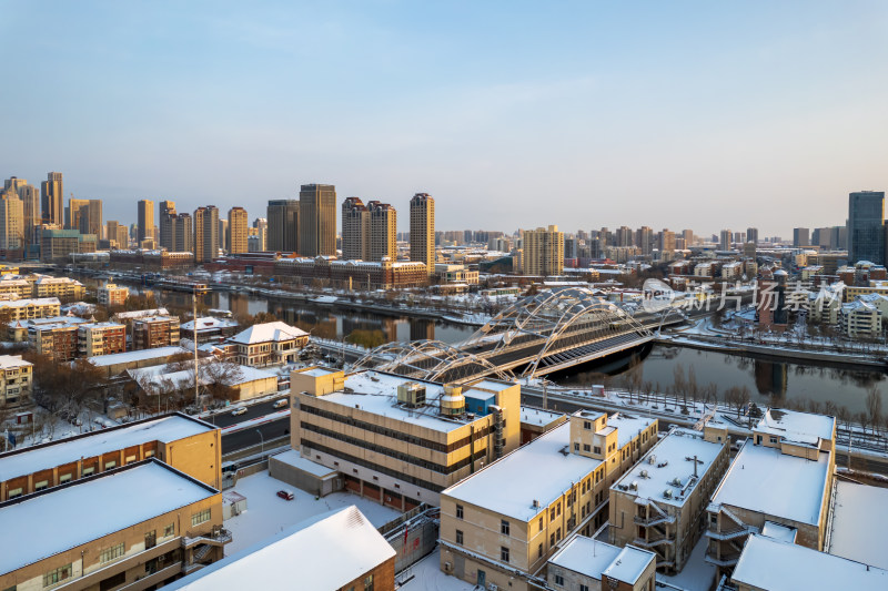 天津海河直沽桥小白楼商圈城市建筑雪景风光