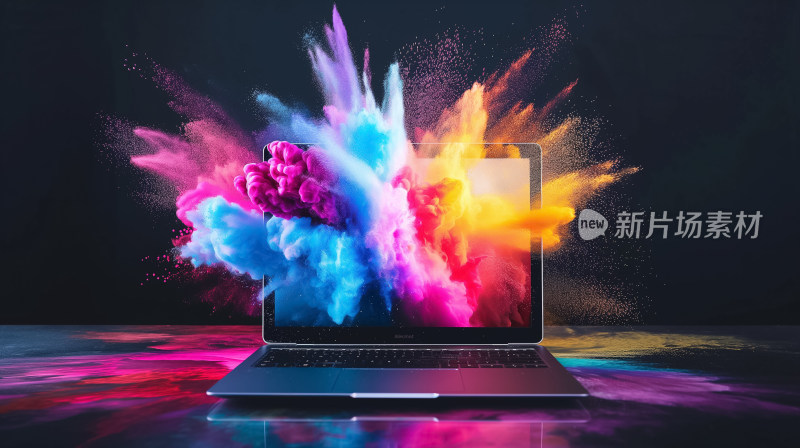 彩色粉末飞溅，电脑屏幕绽放创意的色彩