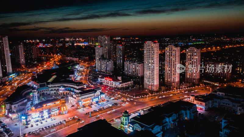 中国黑龙江省大庆市创业城夜景航拍
