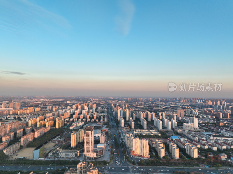 航拍昆山城市建筑日落风光大景