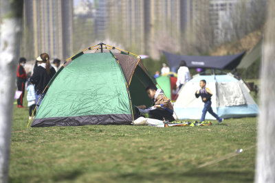 春天休闲露营放风筝的人们