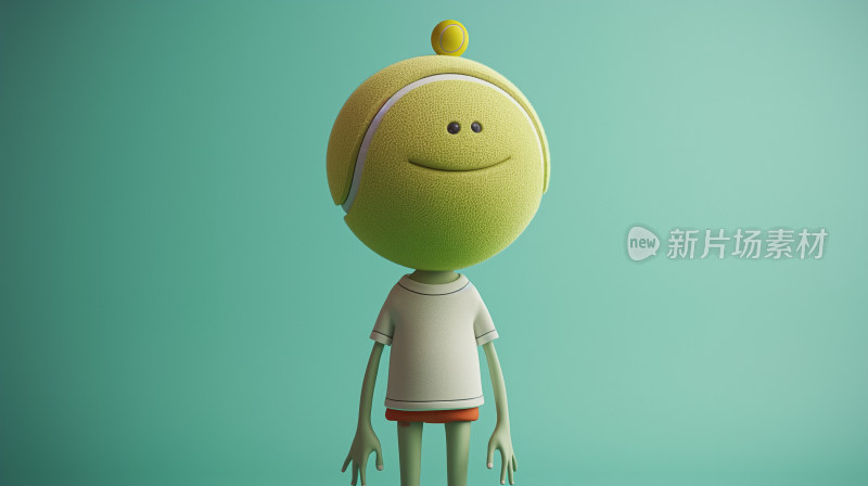 快乐网球球头角色与绿色背景的3D插画