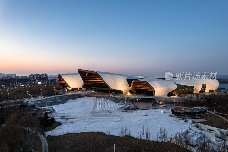 天津生态城南湾国家海洋博物馆城市夜景航拍