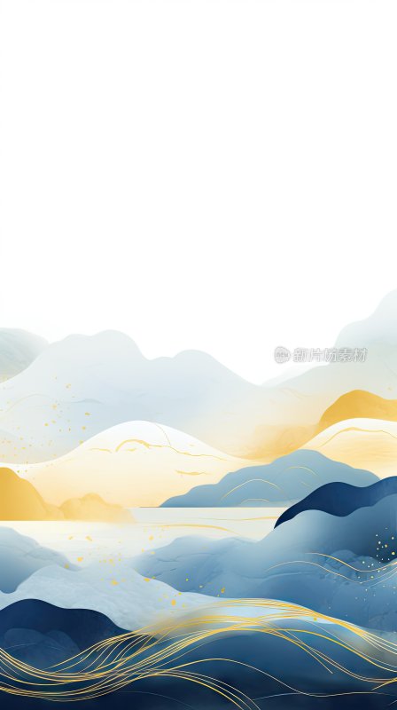 新中式山水画，蓝金色渐变抽象背景