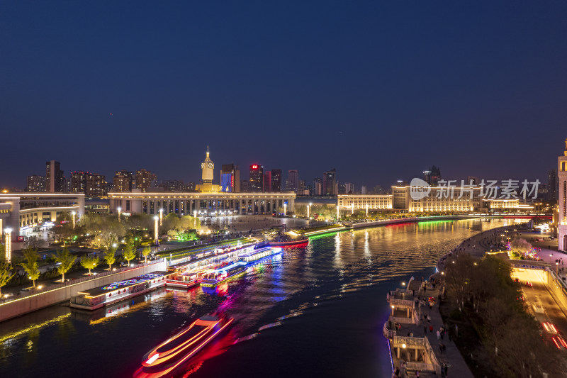 天津海河风景津湾CBD金融中心城市夜景航拍