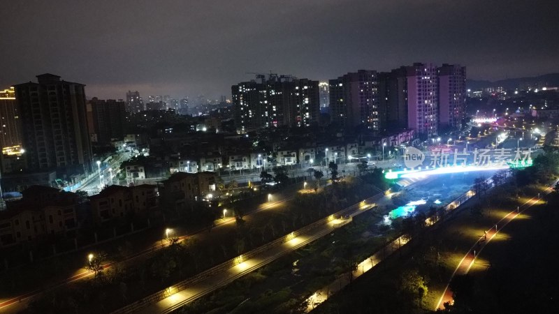 航拍广东省东莞市清溪镇夜景城市风光