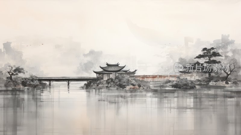 中国风水墨画，湖水和桥