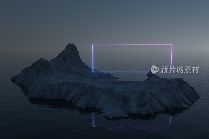 海面上的冰川小岛与霓虹线框 三维渲染
