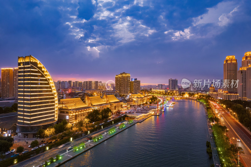 天津海河古文化街码头城市夜景风光航拍