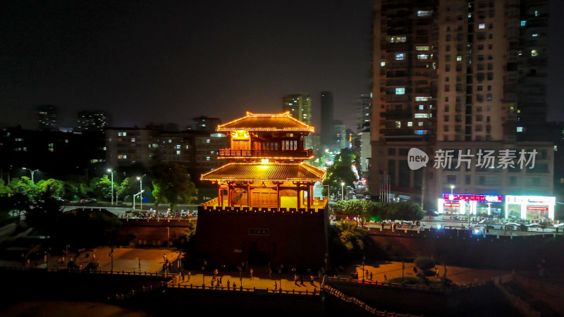 航拍湖北鄂州武昌门夜景灯光