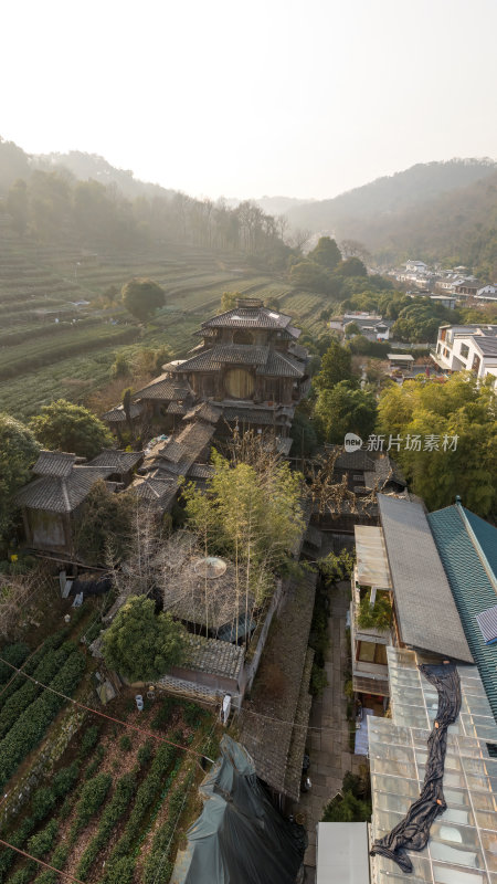 浙江杭州西湖龙井茶园古建筑茶田宁静风光