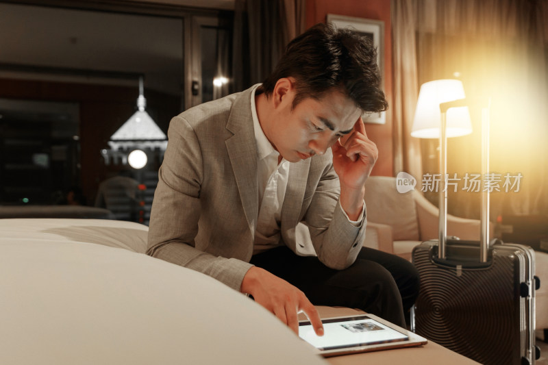 青年男人坐在酒店客房里用平板电脑
