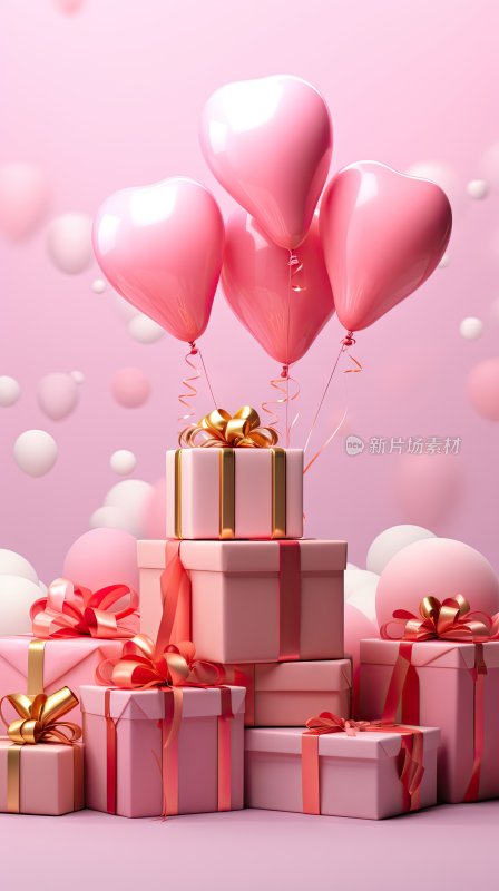 粉色生日派对气球礼盒3D场景