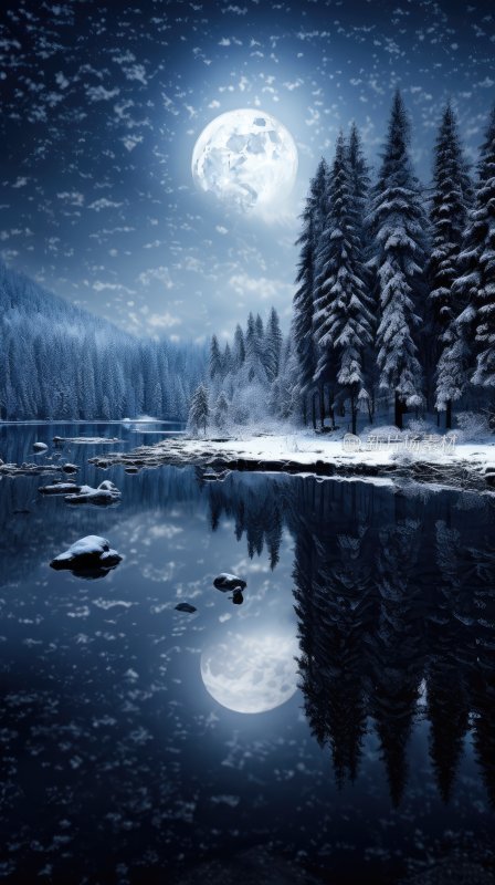 月光照亮了冬天森林与湖面
