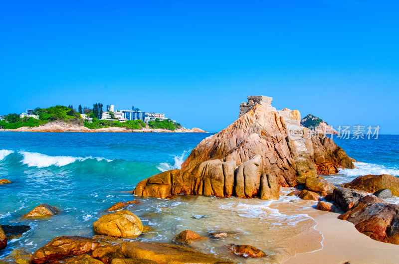 香港石澳旅游区滨海海景沙滩礁石海浪风景