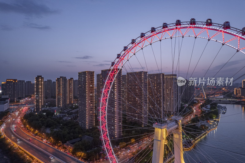 天津之眼摩天轮城市夜景航拍