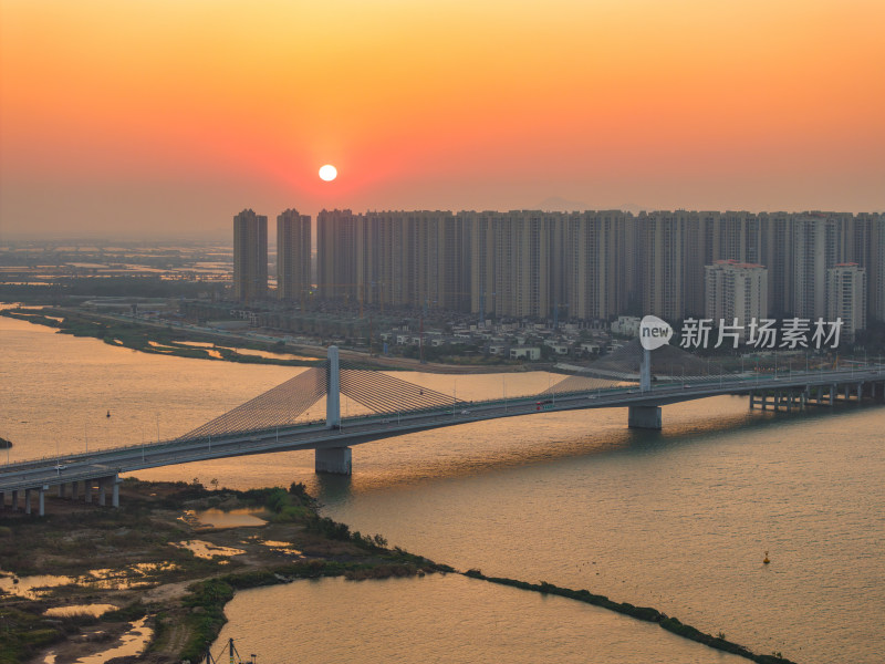 珠海市斗门黄杨河大桥日落航拍