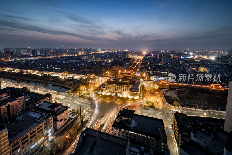 陕西省西安长乐门城墙景区夜景全景风光