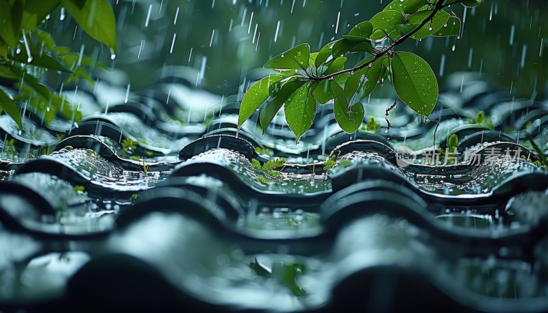 阴雨天屋顶瓦片春天树叶宁静自然背景