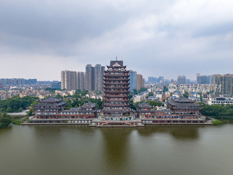 眉山远景楼河流周边风景航拍图