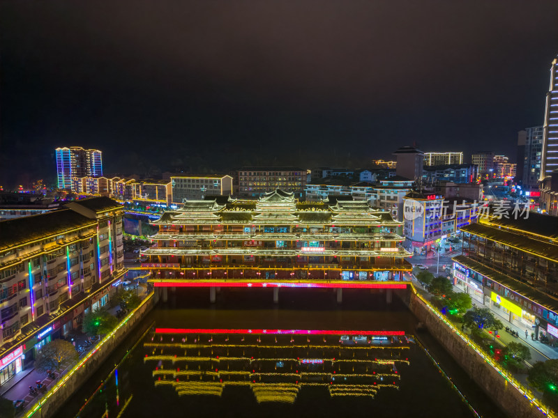 湖南怀化通道廊桥通道风雨桥夜景航拍