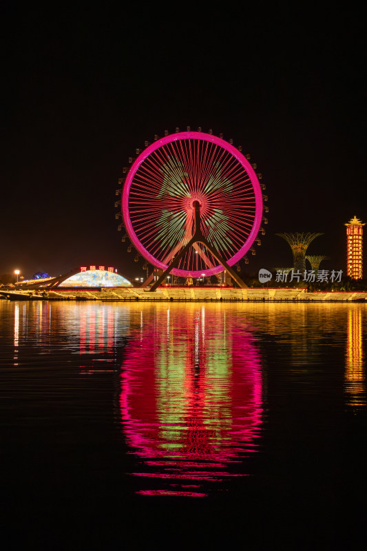 唐山惠丰湖唐山之光摩天轮夜景与湖光倒影