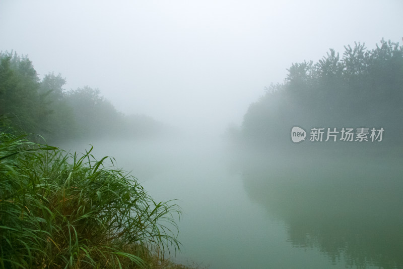 水雾缭绕的清晨河面