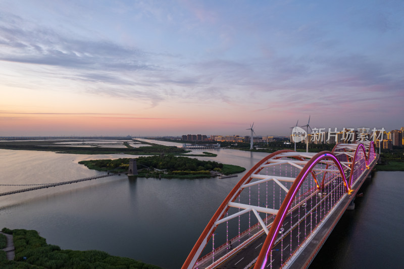 天津滨海生态城永定新河彩虹桥城市风光航拍