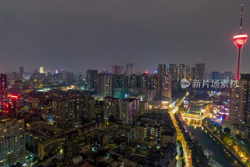 四川成都夜景天府熊猫塔航拍摄影图