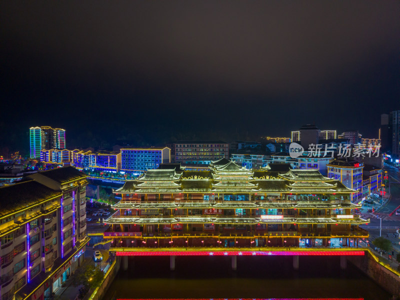 湖南怀化通道廊桥侗族风雨桥夜景航拍