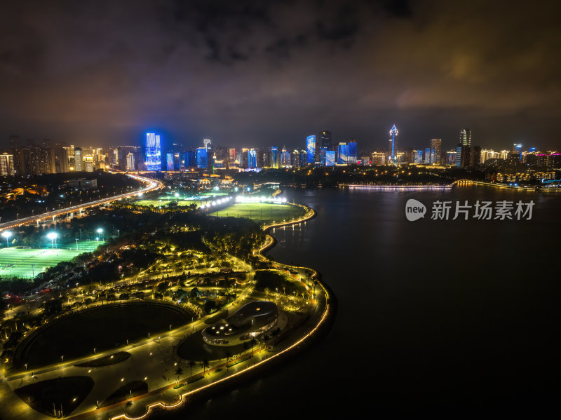 海南海口海滨新城城市车水马龙夜景灯光航拍