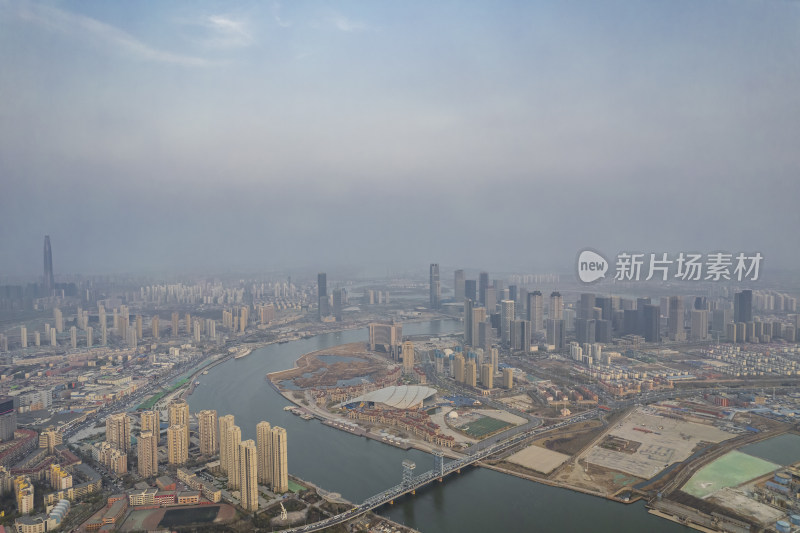 天津海河响螺湾海门大桥城市风光夜景航拍