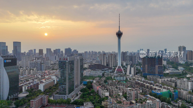 航拍成都夕阳天府熊猫塔