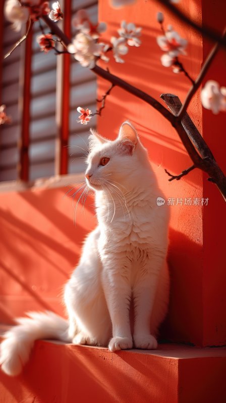 春日暖阳红墙白猫可爱猫咪晒太阳背景